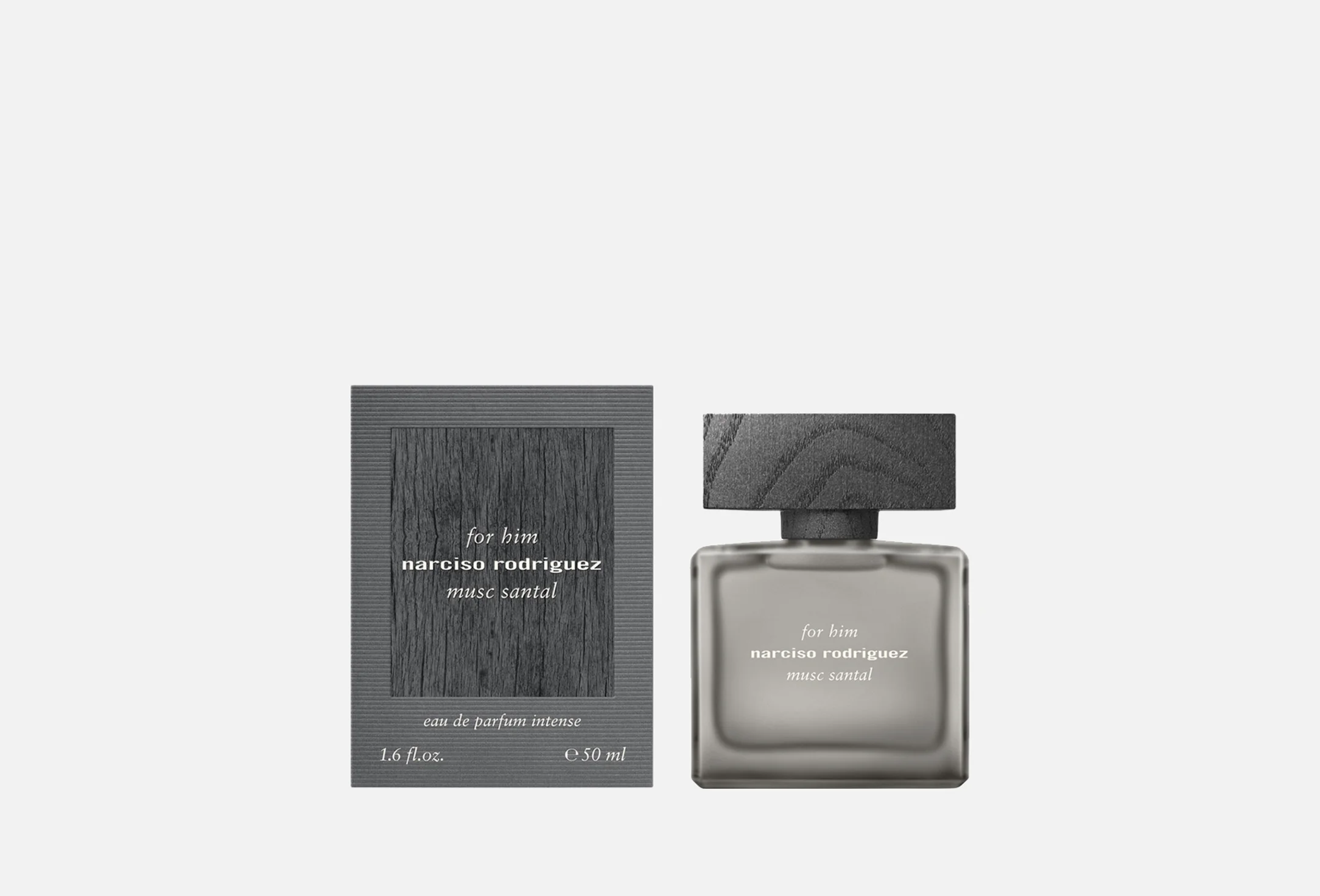 The Narciso Rodriguez For Him Musc Santal 100ml Eau de Parfum Intense bottle shown alongside its grey outer packaging, which features a matching dark wood-grain central panel and clean white typography.