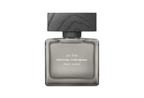 A front-facing view of the Narciso Rodriguez "For Him Musc Santal" fragrance bottle, featuring a minimalist frosted grey glass design with a rectangular silhouette and a dark, wood-textured block cap.