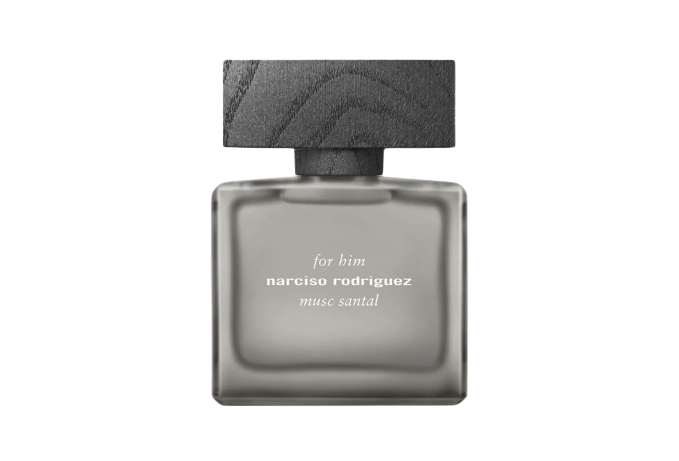 A front-facing view of the Narciso Rodriguez "For Him Musc Santal" fragrance bottle, featuring a minimalist frosted grey glass design with a rectangular silhouette and a dark, wood-textured block cap.