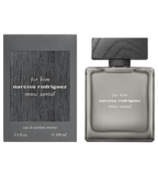 The Narciso Rodriguez For Him Musc Santal 100ml Eau de Parfum Intense bottle shown alongside its grey outer packaging, which features a matching dark wood-grain central panel and clean white typography.
