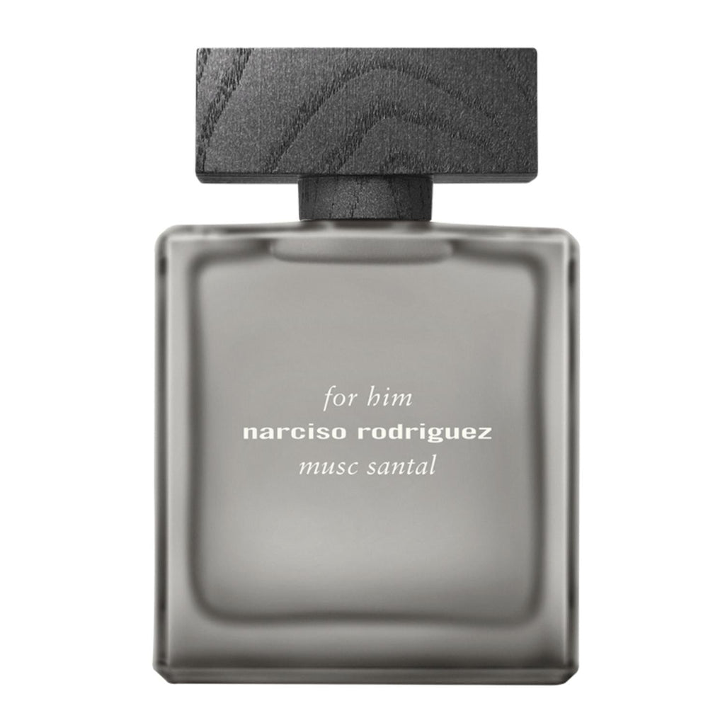 A front-facing view of the Narciso Rodriguez "For Him Musc Santal" fragrance bottle, featuring a minimalist frosted grey glass design with a rectangular silhouette and a dark, wood-textured block cap.