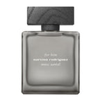 A front-facing view of the Narciso Rodriguez "For Him Musc Santal" fragrance bottle, featuring a minimalist frosted grey glass design with a rectangular silhouette and a dark, wood-textured block cap.