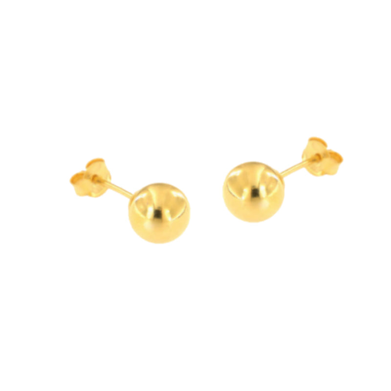 Pair of small, round, polished gold-toned stud earrings with butterfly backings.