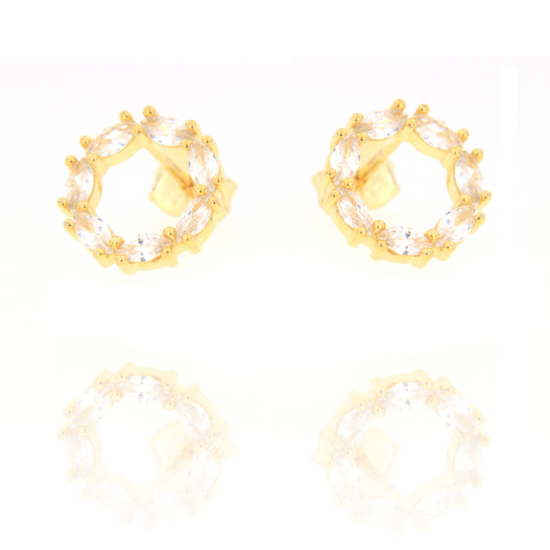 Pair of gold-toned stud earrings with a circular design, each set with multiple clear marquise-cut stones.