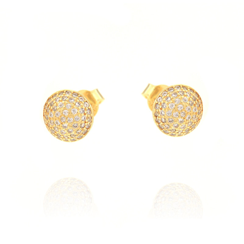 Pair of gold-toned domed stud earrings, each entirely covered with small clear pavé-set stones.