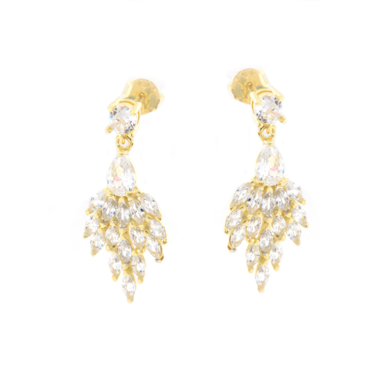 Pair of gold-toned drop earrings with clear faceted stones, featuring a round stud, a pear-shaped drop, and a fanned cluster