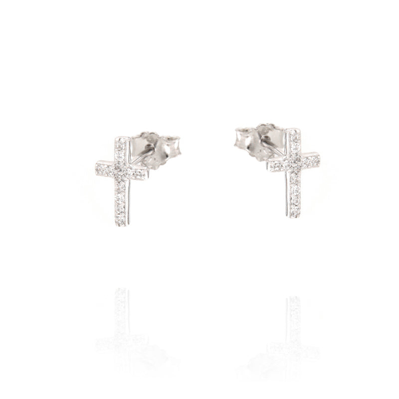 Silver-toned mini cross stud earring, paved with clear sparkling stones.