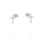 Silver-toned mini cross stud earring, paved with clear sparkling stones.
