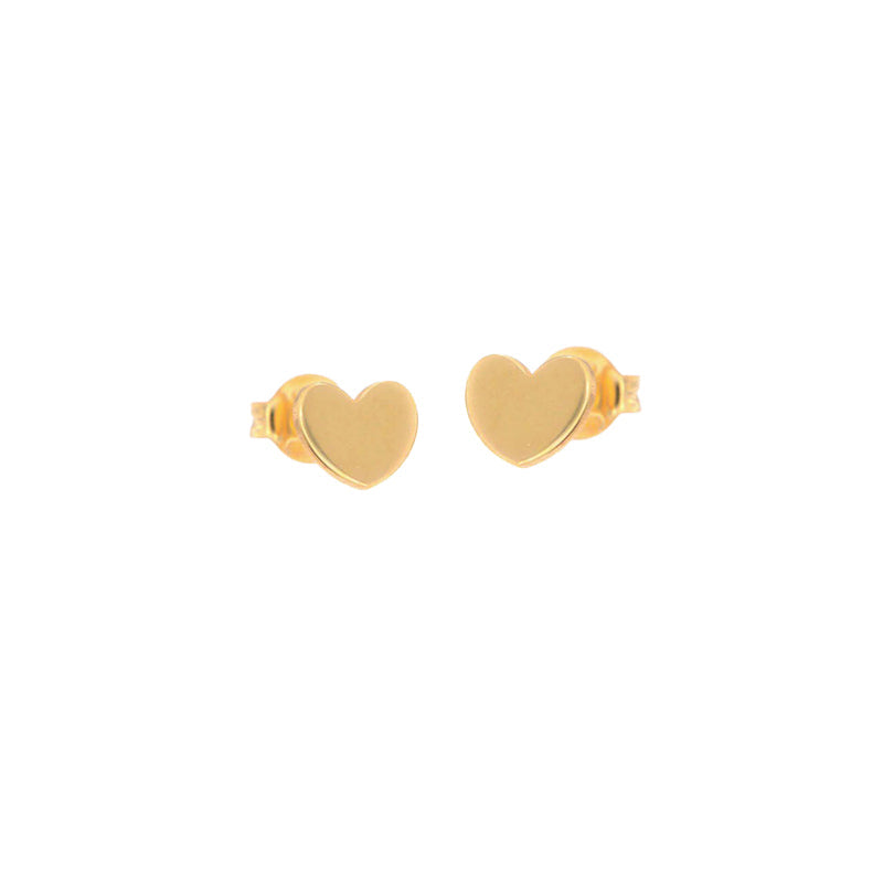 Pair of small, polished gold-toned heart-shaped stud earrings with butterfly backs.