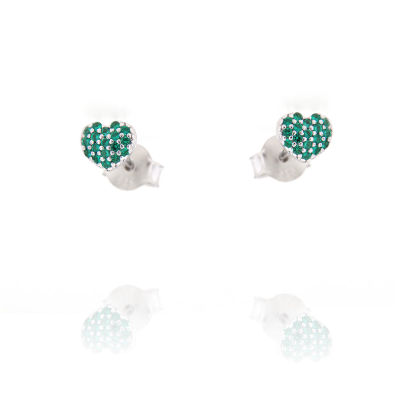 Pair of small heart-shaped stud earrings with green pavé-set stones and silver-toned posts and butterfly backs.