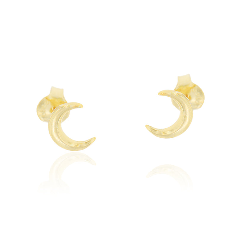 Single gold-toned mini crescent moon stud earring with a polished finish and butterfly back.
