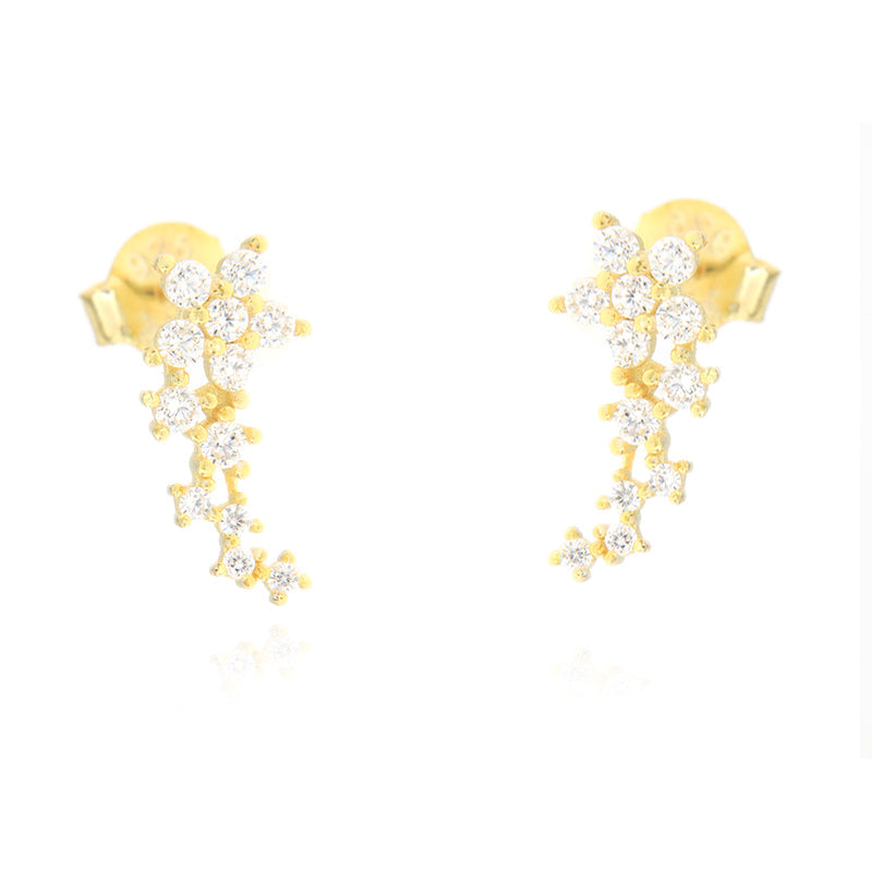 Pair of gold-toned triflower cluster stud earrings, each adorned with multiple clear cubic zirconia stones in a curved arrang