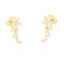 Pair of gold-toned triflower cluster stud earrings, each adorned with multiple clear cubic zirconia stones in a curved arrang