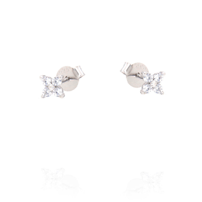 Pair of silver-toned stud earrings, each featuring four clear faceted stones arranged in a flower shape, with butterfly backs
