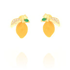 Pair of gold-toned lemon earrings. Each features a yellow enamel lemon, a leaf with clear stones, and a small green stone lea