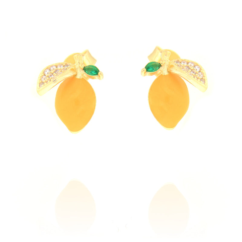 Pair of gold-toned lemon earrings. Each features a yellow enamel lemon, a leaf with clear stones, and a small green stone lea