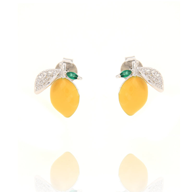 Pair of silver-toned stud earrings, each featuring a yellow lemon with a pavé-set clear stone leaf and small green stone leav