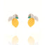 Pair of silver-toned stud earrings, each featuring a yellow lemon with a pavé-set clear stone leaf and small green stone leav