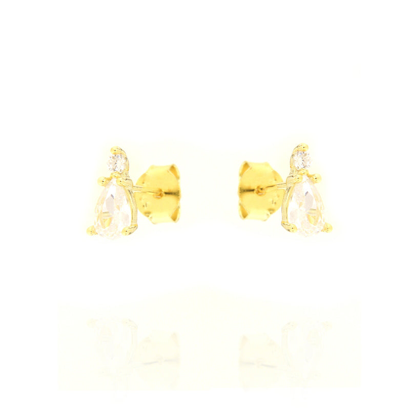 Pair of gold-toned stud earrings, each featuring a small round clear stone above a larger pear-shaped clear stone.