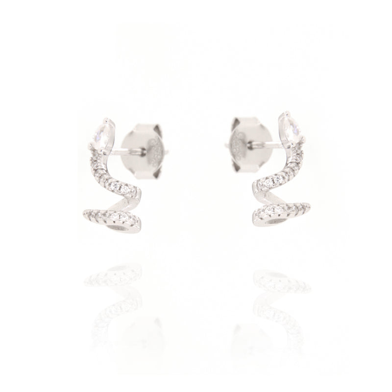 Pair of silver-toned spiral stud earrings, each adorned with pave-set clear stones and a marquise-cut clear stone.