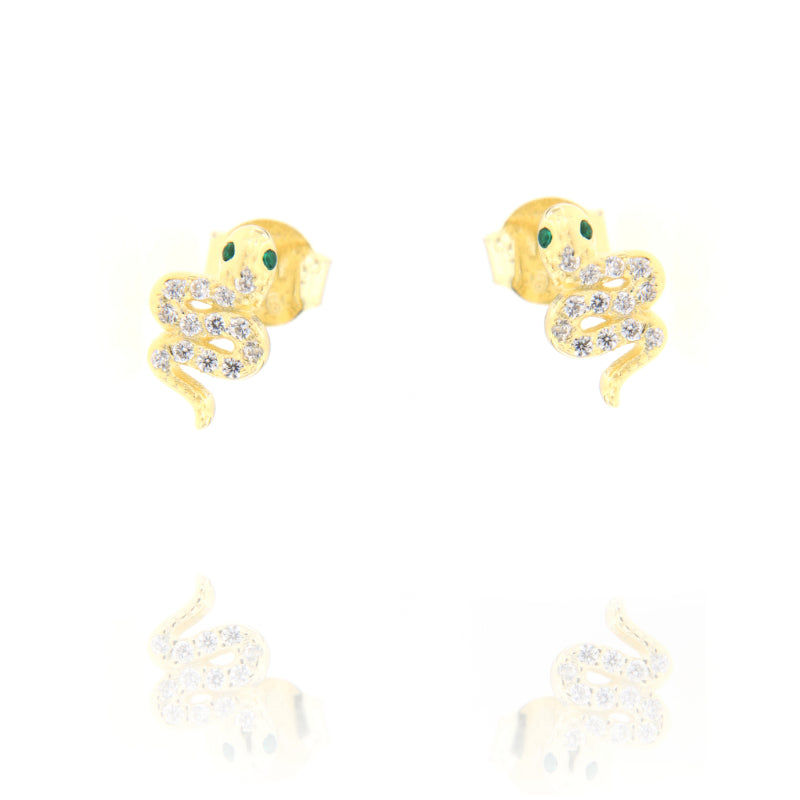 Pair of gold-toned snake stud earrings with green eyes and clear stones encrusting the coiled body.