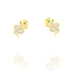 Pair of gold-toned snake stud earrings with green eyes and clear stones encrusting the coiled body.