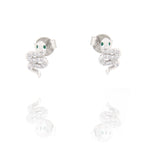 Single silver-toned mini snake stud earring with clear pave-set stones and two small green stones for eyes