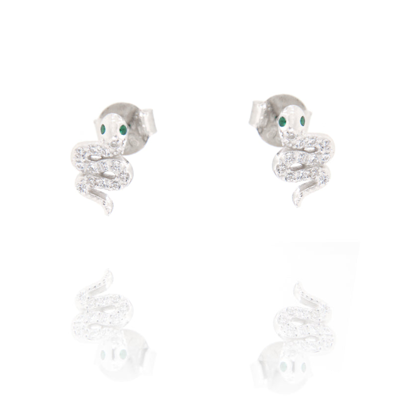 Single silver-toned mini snake stud earring with clear pave-set stones and two small green stones for eyes