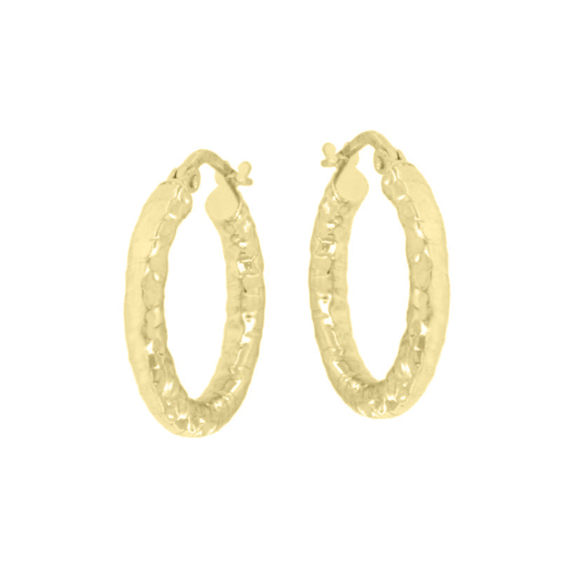 Pair of gold-toned oval hoop earrings with a hammered texture and hinged closures.