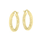 Pair of gold-toned oval hoop earrings with a hammered texture and hinged closures.