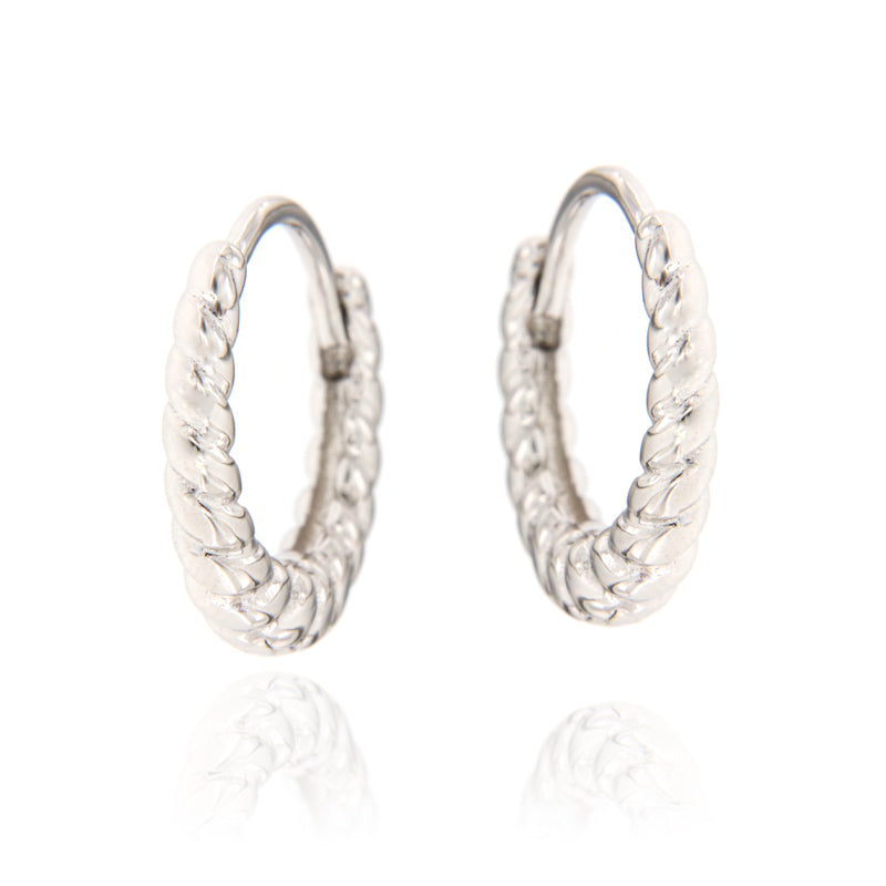 Pair of small silver-toned hoop earrings with a twisted rope-like texture on the outer surface and a hinged closure.