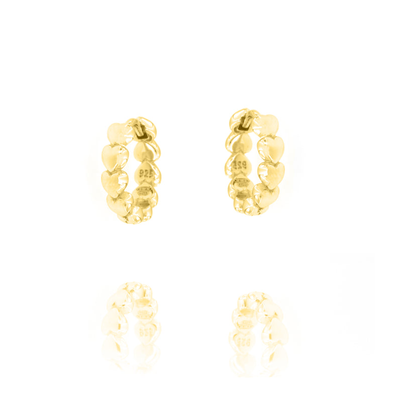 Pair of gold-toned hoop earrings, each formed by a series of connected heart shapes, with a polished finish.