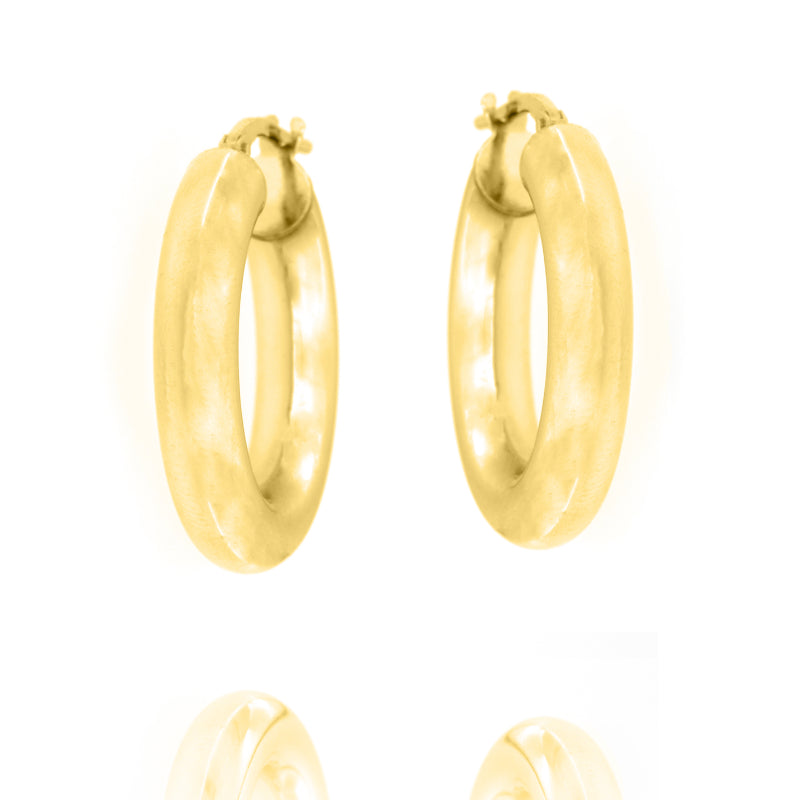 Pair of thick, polished, gold-toned hoop earrings with visible clasps.