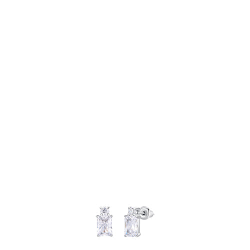 Pair of silver-toned steel stud earrings. Each features a small clear zircon above a larger rectangular clear zircon. Post-ba