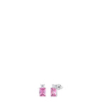 Pair of silver-toned stud earrings. Each features a rectangular pink zircon with a small round white zircon above it. One ear