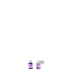 Pair of silver-toned steel stud earrings, each featuring a small round white zircon above a rectangular purple zircon.
