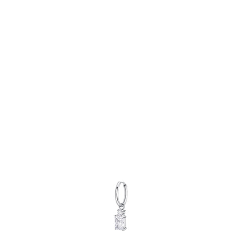Silver-toned steel mono earring with a small round clear zircon and a dangling rectangular clear zircon.