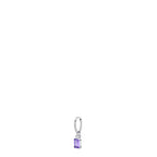 Silver-toned hoop earring with a small round white zircon and a rectangular purple zircon drop.