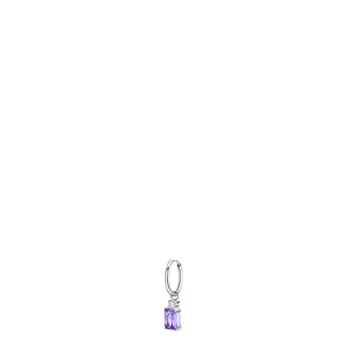 Silver-toned hoop earring with a small round white zircon and a rectangular purple zircon drop.