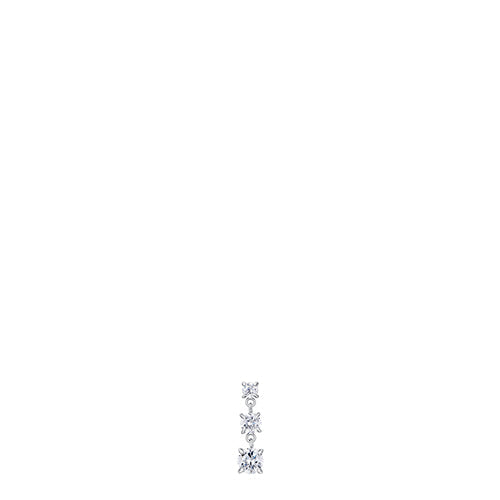 Silver-toned steel dangle earring with three clear square zircons, largest at bottom, decreasing in size upwards.