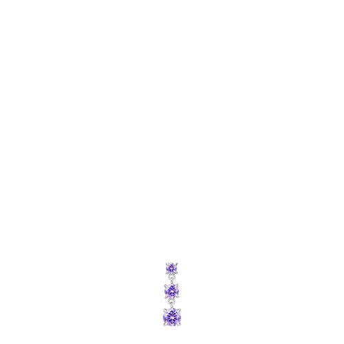 Silver-toned steel dangle earring with three graduated round, faceted purple zircons.