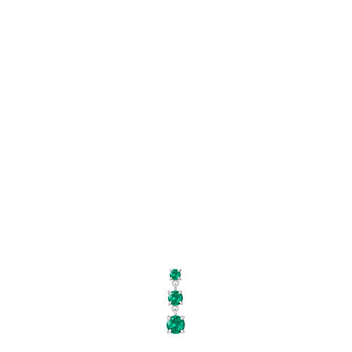 Silver-toned steel mono earring with three round green zircons, graduated in size from smallest at top to largest at bottom.
