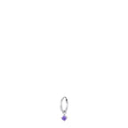 Silver-toned steel hoop mono earring with a dangling round, faceted purple zircon stone.