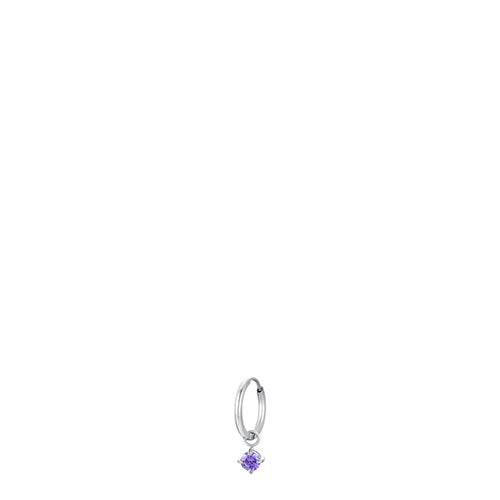 Silver-toned steel hoop mono earring with a dangling round, faceted purple zircon stone.