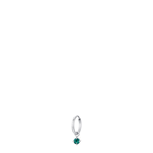 Silver-toned steel hoop earring with a dangling round emerald green zircon stone in a four-prong setting.