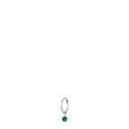 Silver-toned steel hoop earring with a dangling round emerald green zircon stone in a four-prong setting.