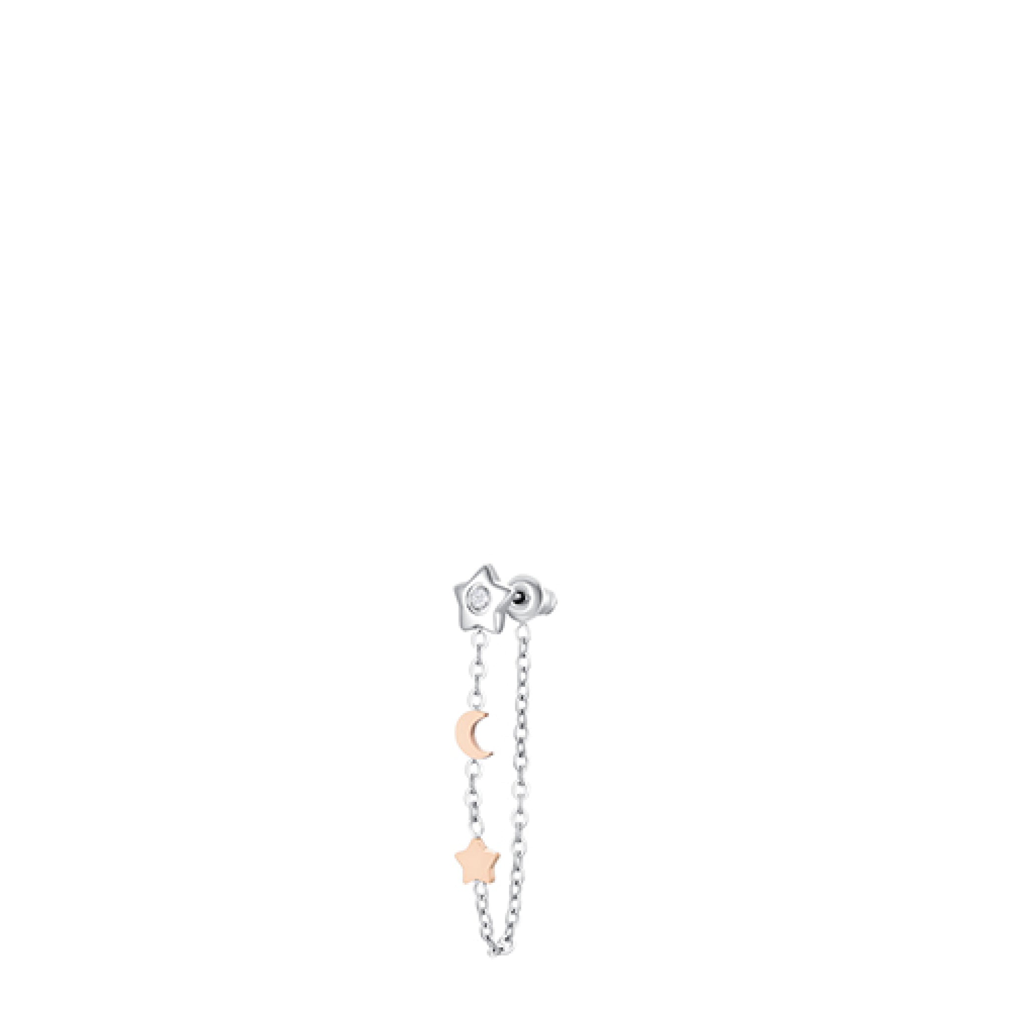 Silver-toned single earring with a star stud, white zircon, a rose-gold-toned moon, and a rose-gold-toned star charm connecte