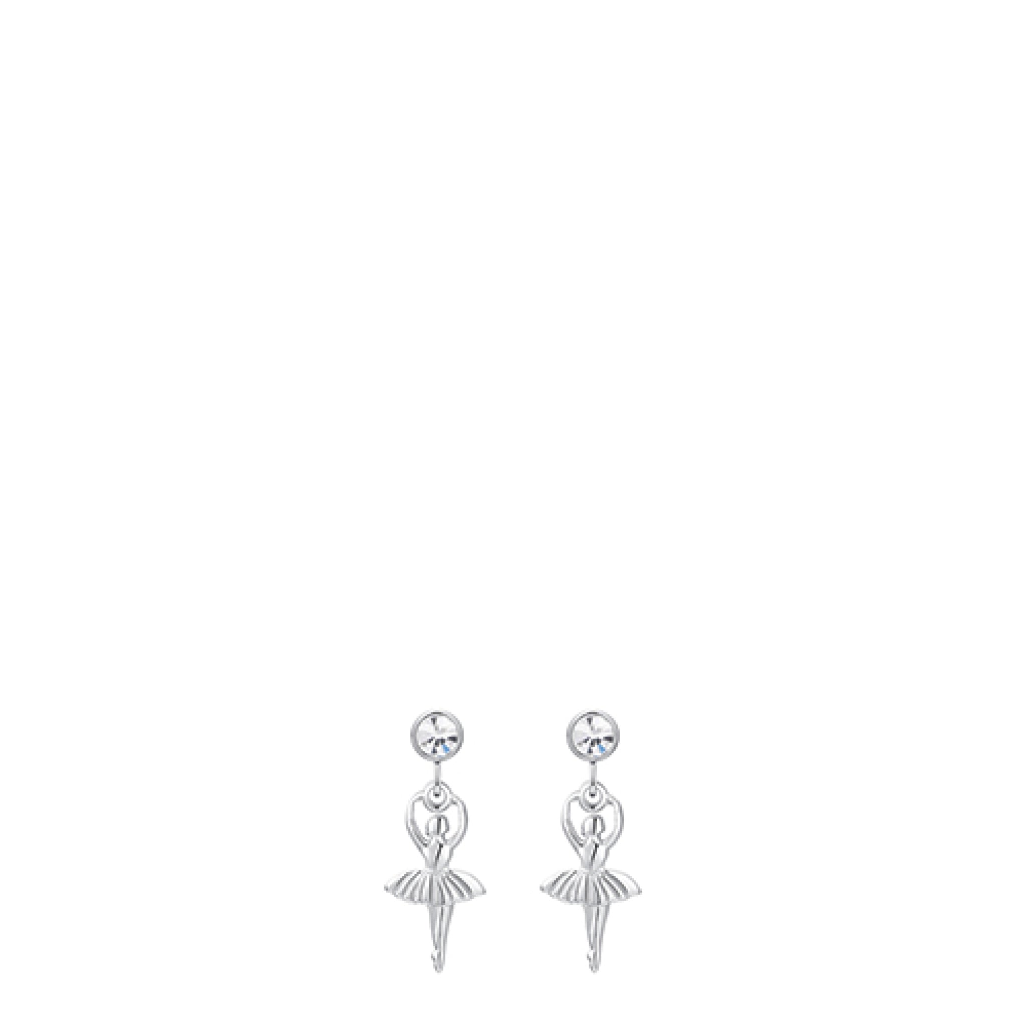 Pair of silver-toned steel drop earrings, each featuring a round clear zircon stud and a detailed ballerina charm.