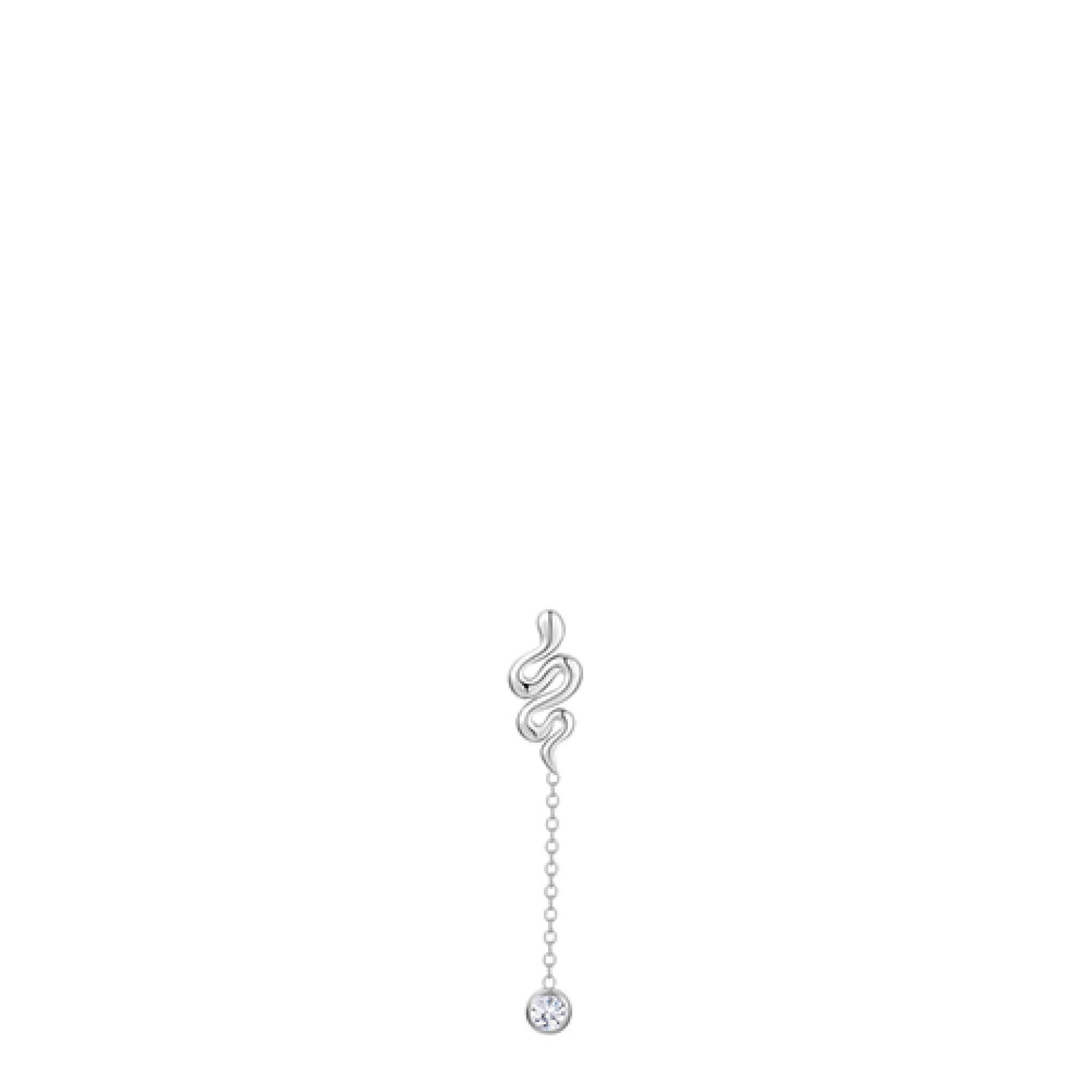 Single silver-toned steel earring with a coiled snake design, featuring a dangling chain and a round white crystal drop.