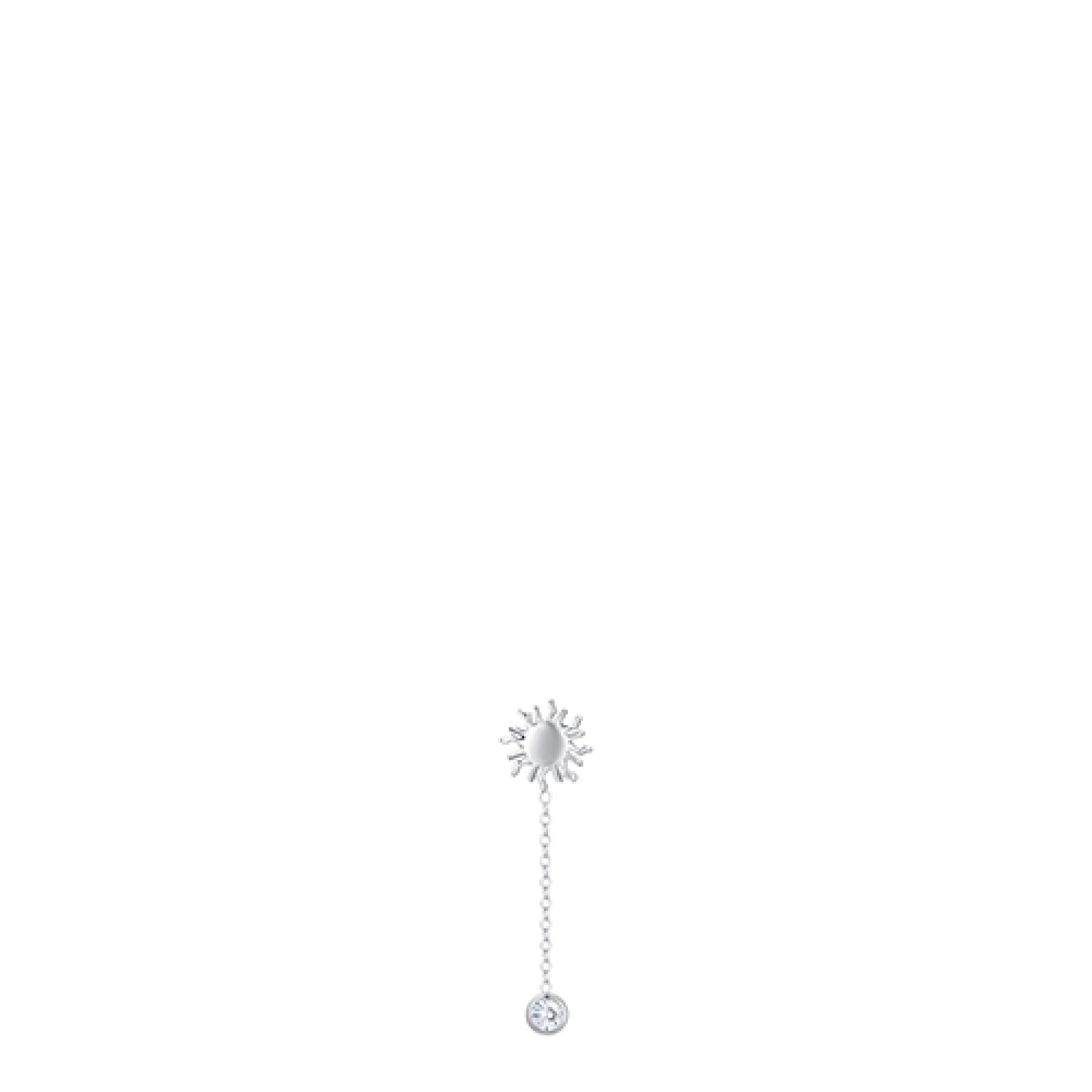 Silver-toned steel mono earring with a sun motif and a dangling chain ending in a round white crystal.